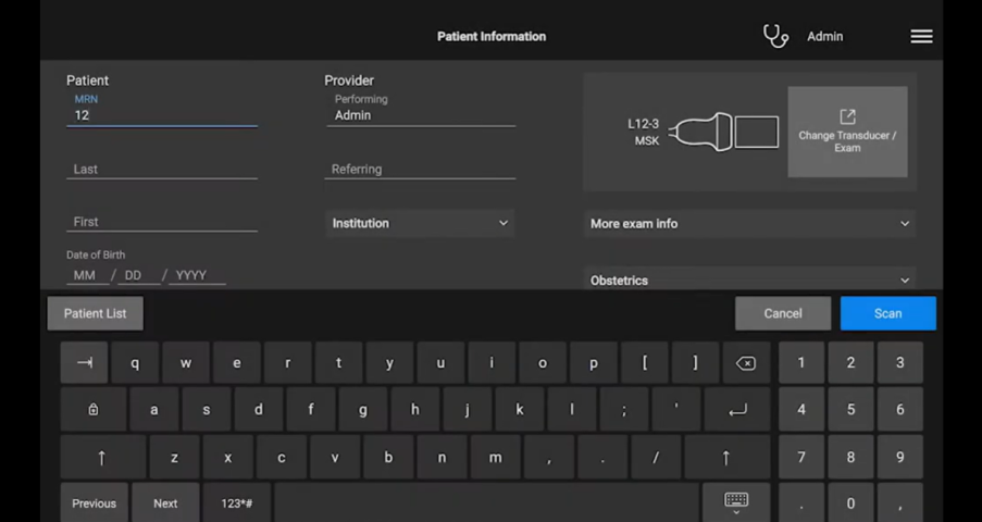 Image of Sonosite LX interface of adding patient information